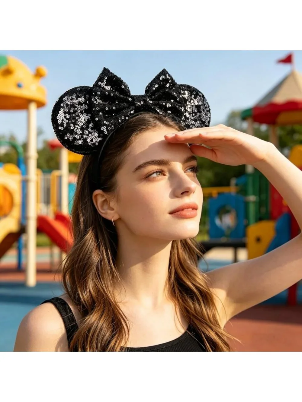 Women Black-a Polyester Sparkle Sequins Mickey Mouse Hair Bow Handmade Headband